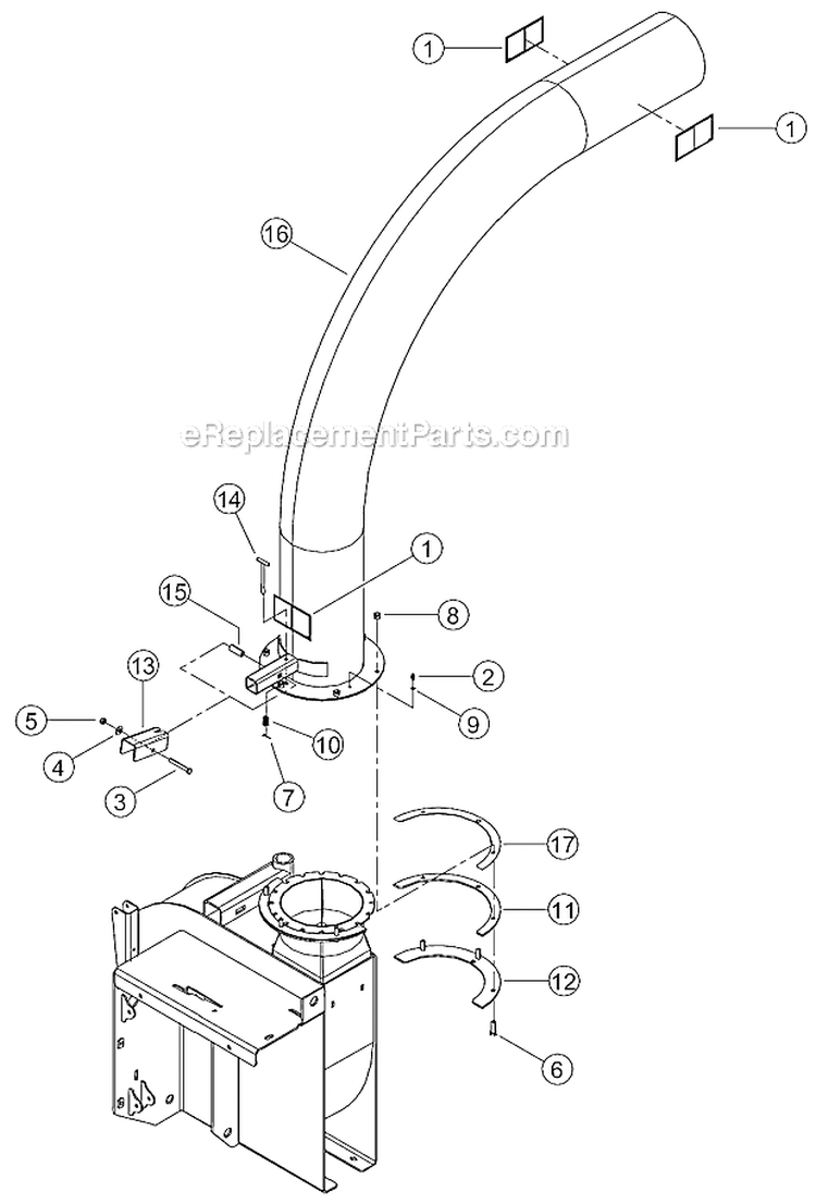 Discharge Tube Diagram and Parts List for B00001 Bear Cat Chipper Shredder